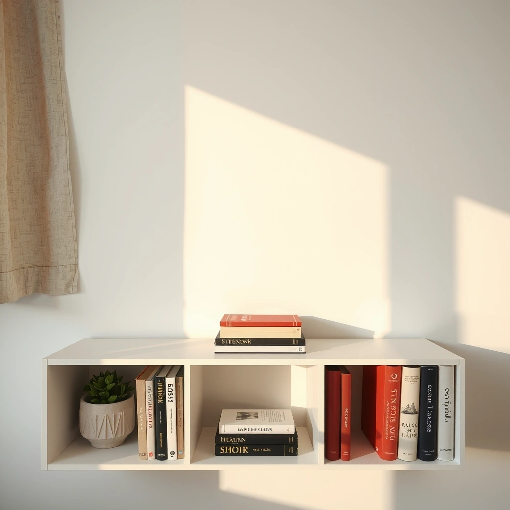 A clean, organized shelf in a bright apartment