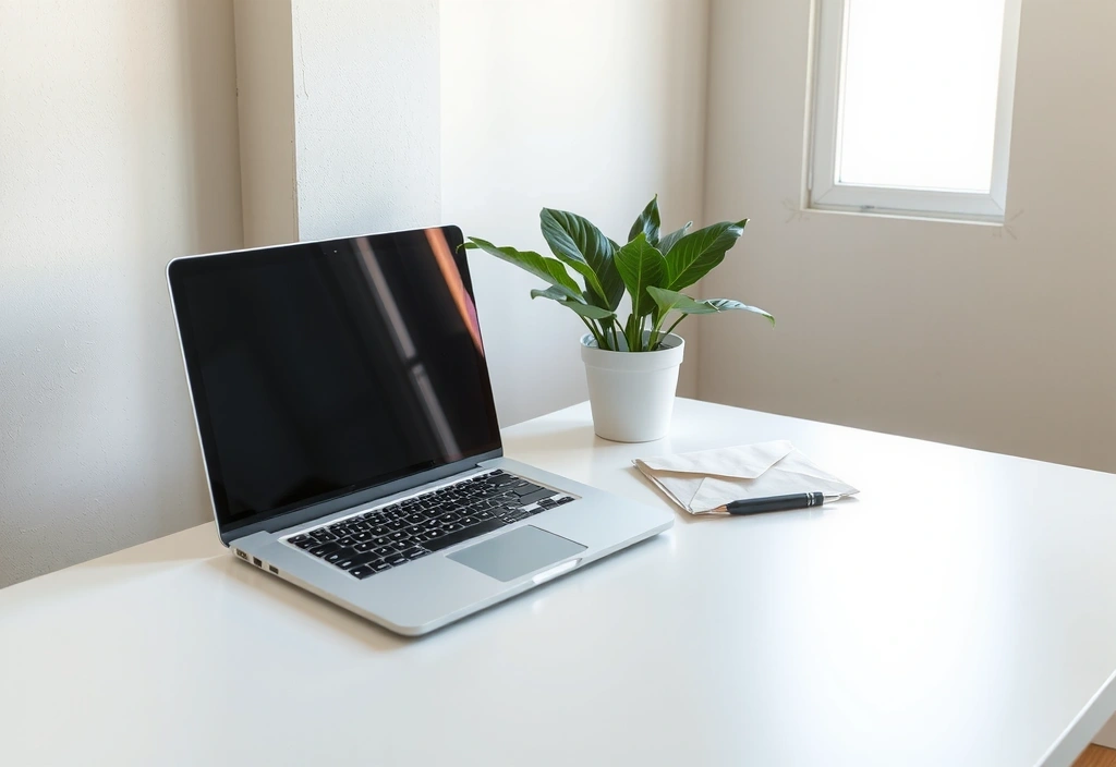 A clean, minimalist desk in a modern office setting.