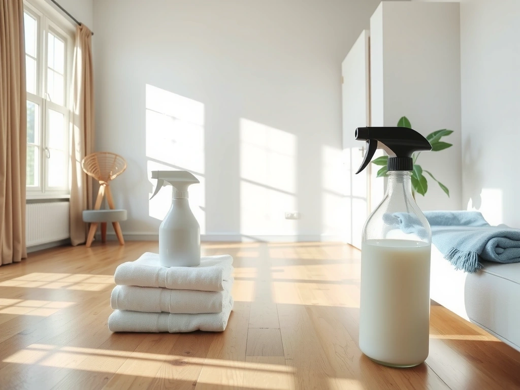 Clean living room interior with sunlight and organized cleaning supplies