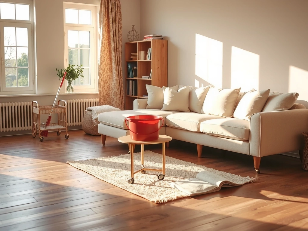 A bright, organized living room showcasing the result of a standard clean.