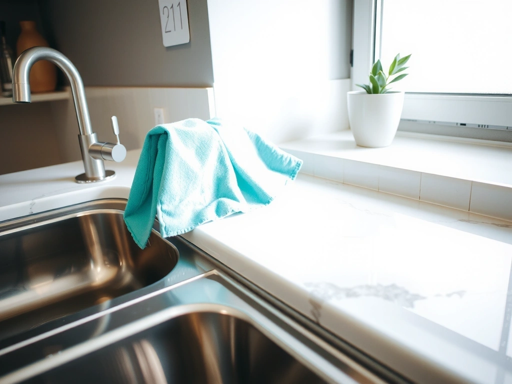 Detail of a professionally cleaned kitchen sink and countertop.